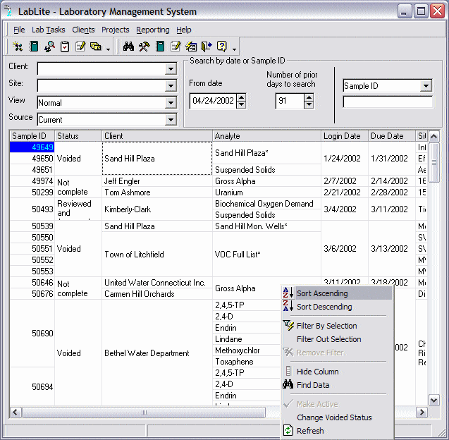 LabLite LIMS Client Status